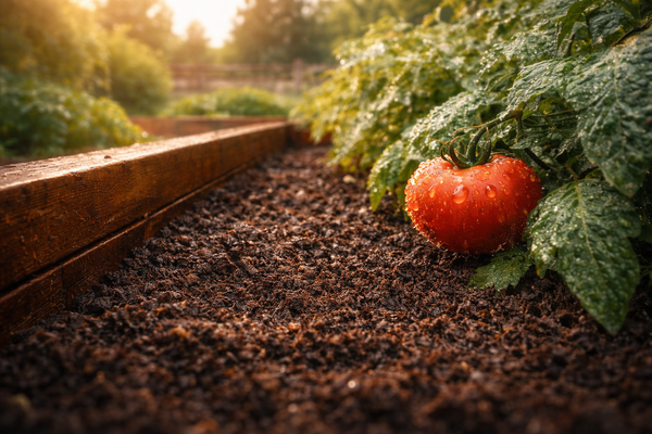 Raised garden beds in a European garden setting