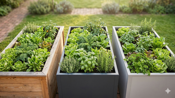 Raised bed buying guide — wood, metal and composite raised beds compared in a garden setting