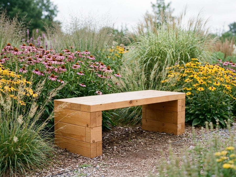 Záhradná lavička Brick Premium (typ 4) – predný 3/4 pohľad, záhradné prostredie (trvalky). Materiál: európsky smrekovec, medový tón.