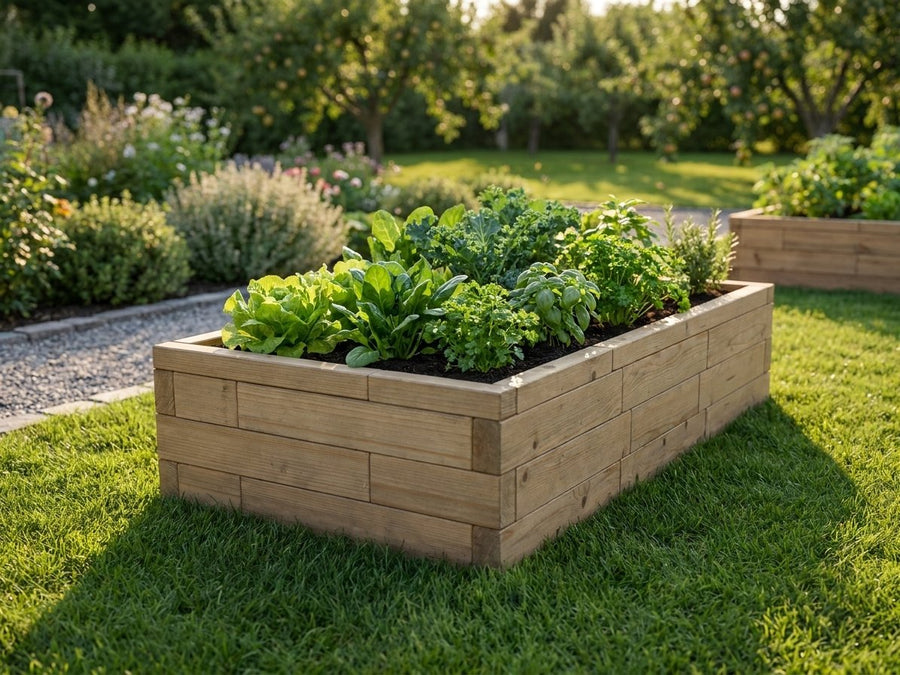 Premium vyvýšený záhon I-tvar – M – predný 3/4 pohľad, záhradné prostredie (garden). Materiál: európsky smrekovec, medový tón.