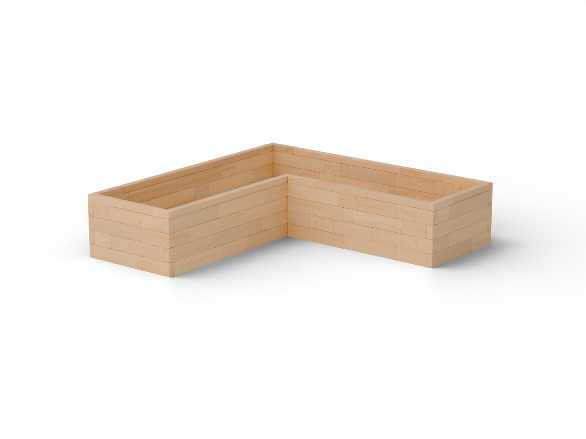 Vyvýšený záhon L Brick Premium, veľkosť L (240×240×54 cm) – masívny 60 mm európsky smrekovec, medový tón; pohľad 3/4 (hero).
