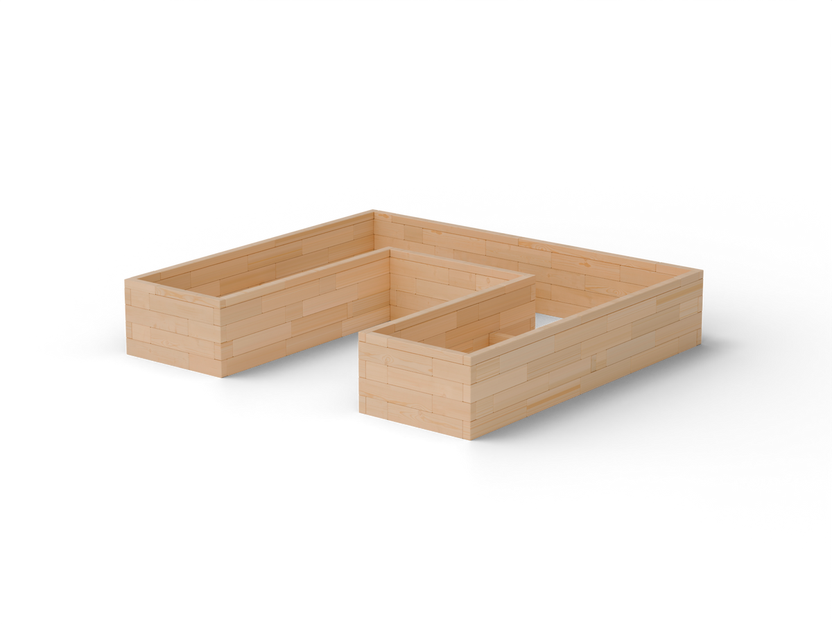 Vyvýšený záhon U Brick Premium, veľkosť L (300×270×54 cm) – masívny 60 mm európsky smrekovec, medový tón; pohľad 3/4 (hero).