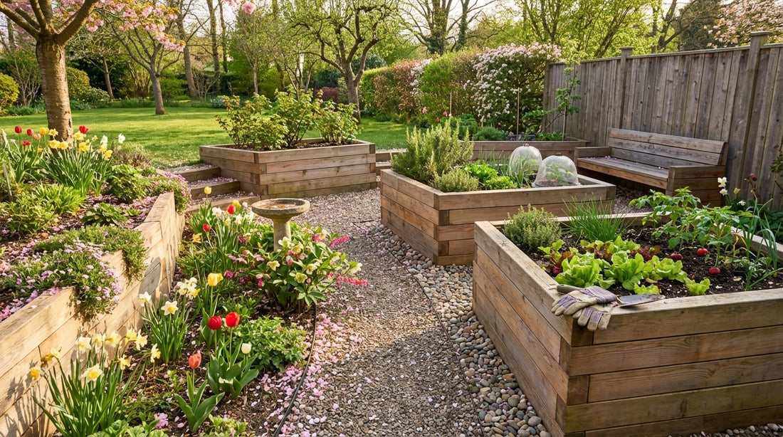AI Garden Designer — raised beds with herbs and vegetables in a European garden