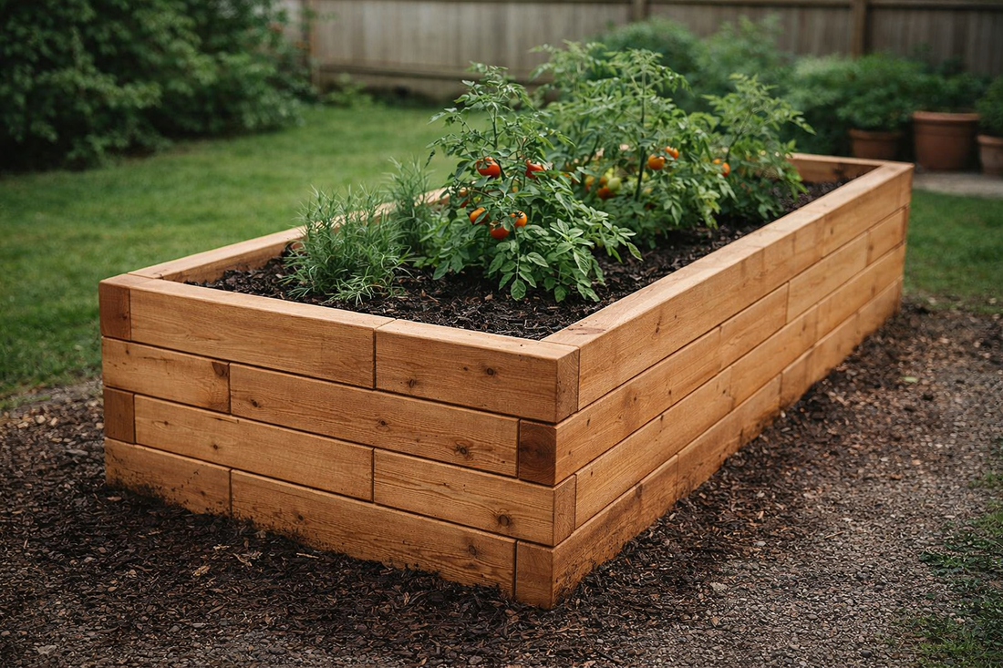 Premium larch wood raised garden bed close-up