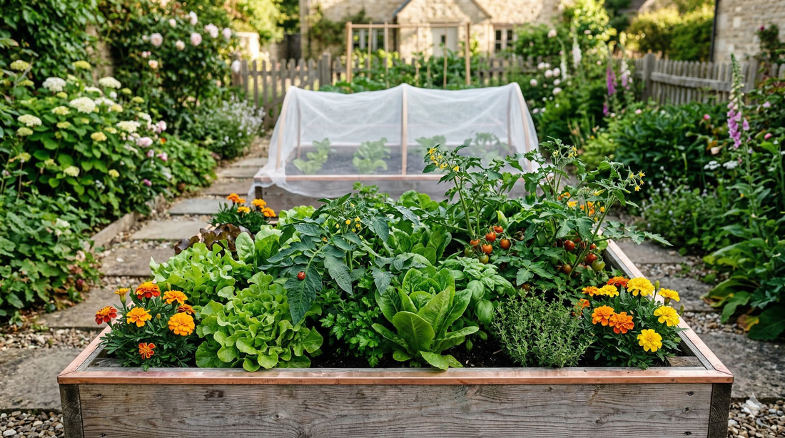 Natural pest control for raised beds — copper tape, companion planting marigolds, and insect mesh on wooden raised garden beds