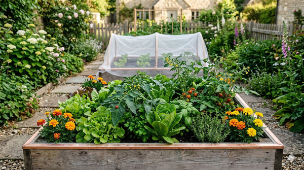 Natural pest control for raised beds — copper tape, companion planting marigolds, and insect mesh on wooden raised garden beds