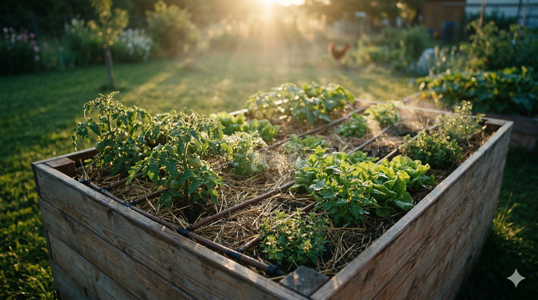Raised bed watering guide — drip irrigation system on a wooden raised garden bed