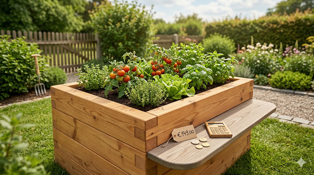 Raised bed cost guide — European larch raised bed with vegetables in a garden