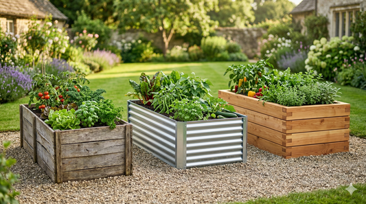 Best raised beds 2026 comparison — wood, metal and modular beds side by side in a garden