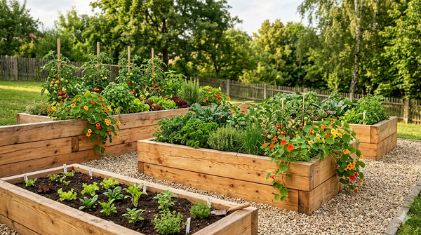Terraced garden with wooden raised beds as retaining walls on a slope