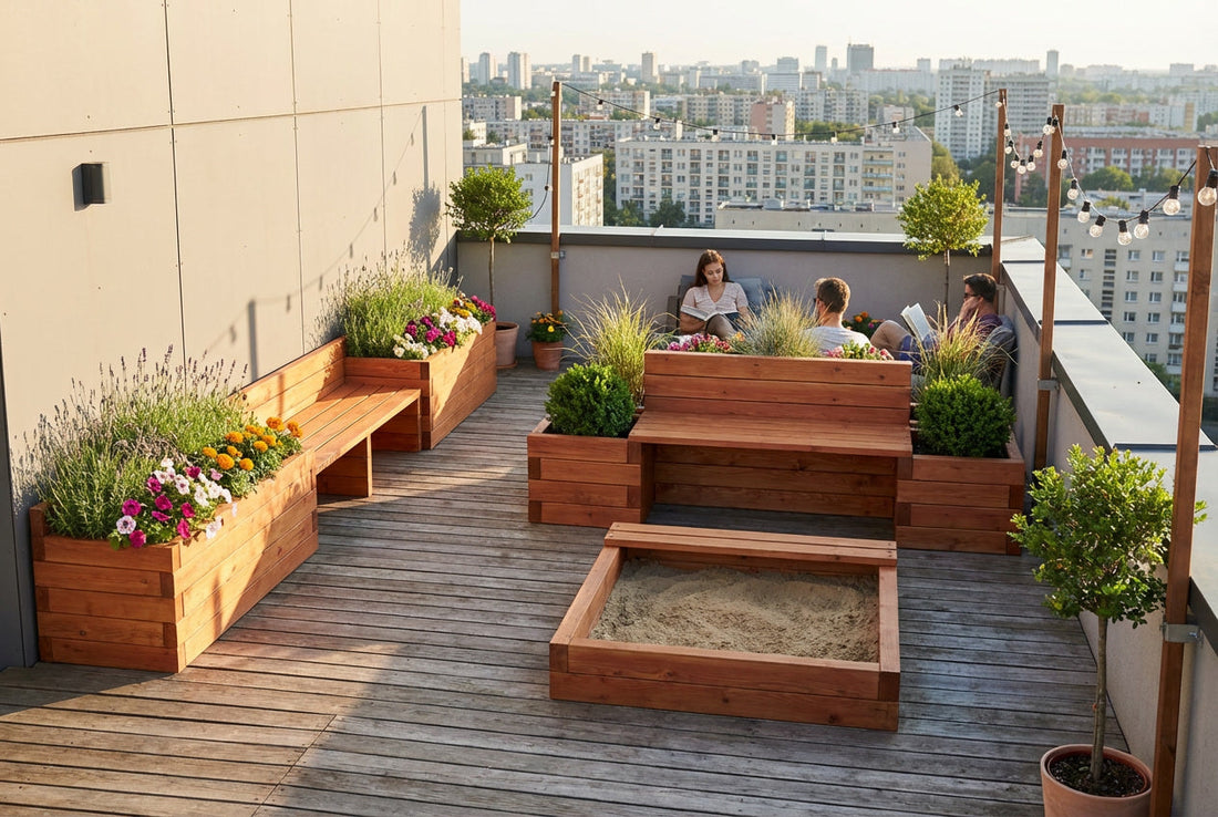 Rooftop garden with raised beds on urban building