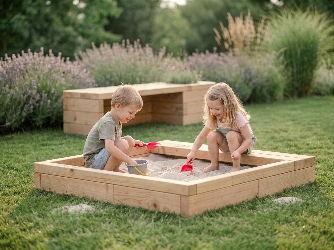 Wooden Sandbox with Seating Edge: Chemical-Free Larch Play Corner — GridGarden