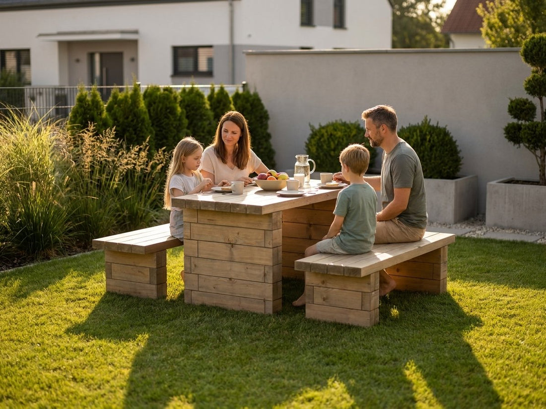 Garden Seating Set: Table + Two Benches from One Modular System — GridGarden