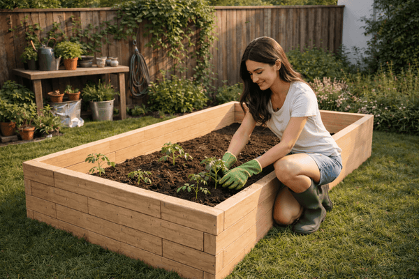 Woman tending to a wooden raised garden bed