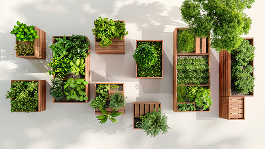 Top-down view of modular raised garden bed with companion plants