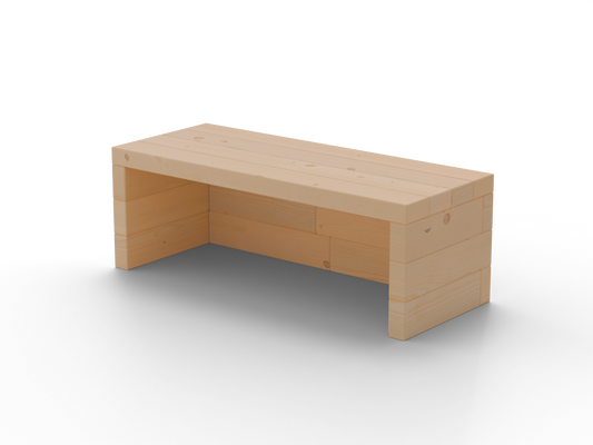 Masívna záhradná lavička Brick Premium so zatvorenými bokmi – masívny 60 mm európsky smrekovec, medový tón; pohľad 3/4 (hero).