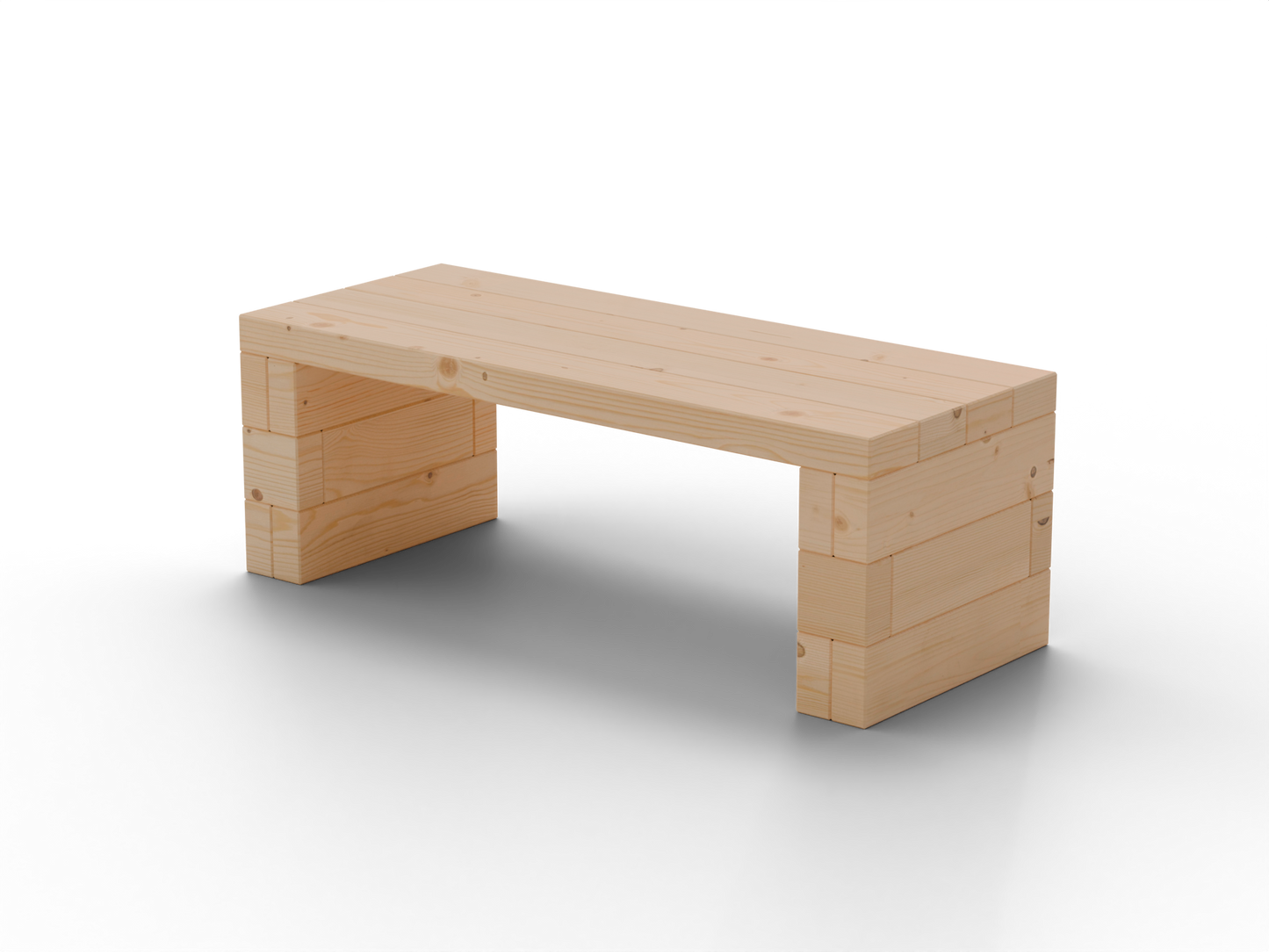 Záhradná lavička na podstavcoch Brick Premium, poloha nôh na kraji – predný 3/4 pohľad, priesvitné pozadie. Masívny európsky smrekovec, medový tón.