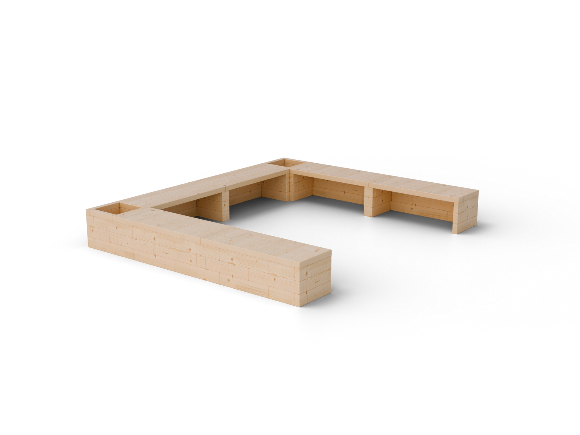 Ohnisko so sedením do U Brick Premium – masívny 60 mm európsky smrekovec, medový tón; pohľad 3/4 (hero).