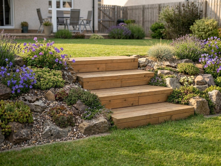 Záhradné schody Brick Premium – predný 3/4 pohľad, záhradné prostredie (garden). Materiál: európsky smrekovec, medový tón.