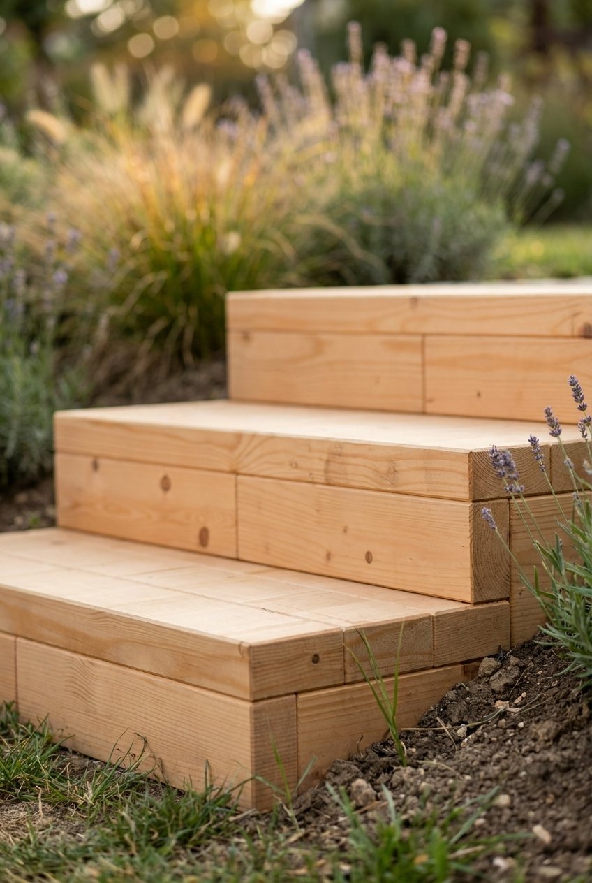 Záhradné schody Brick Premium – svah-3schody, záhradné prostredie (garden). Materiál: európsky smrekovec, medový tón.