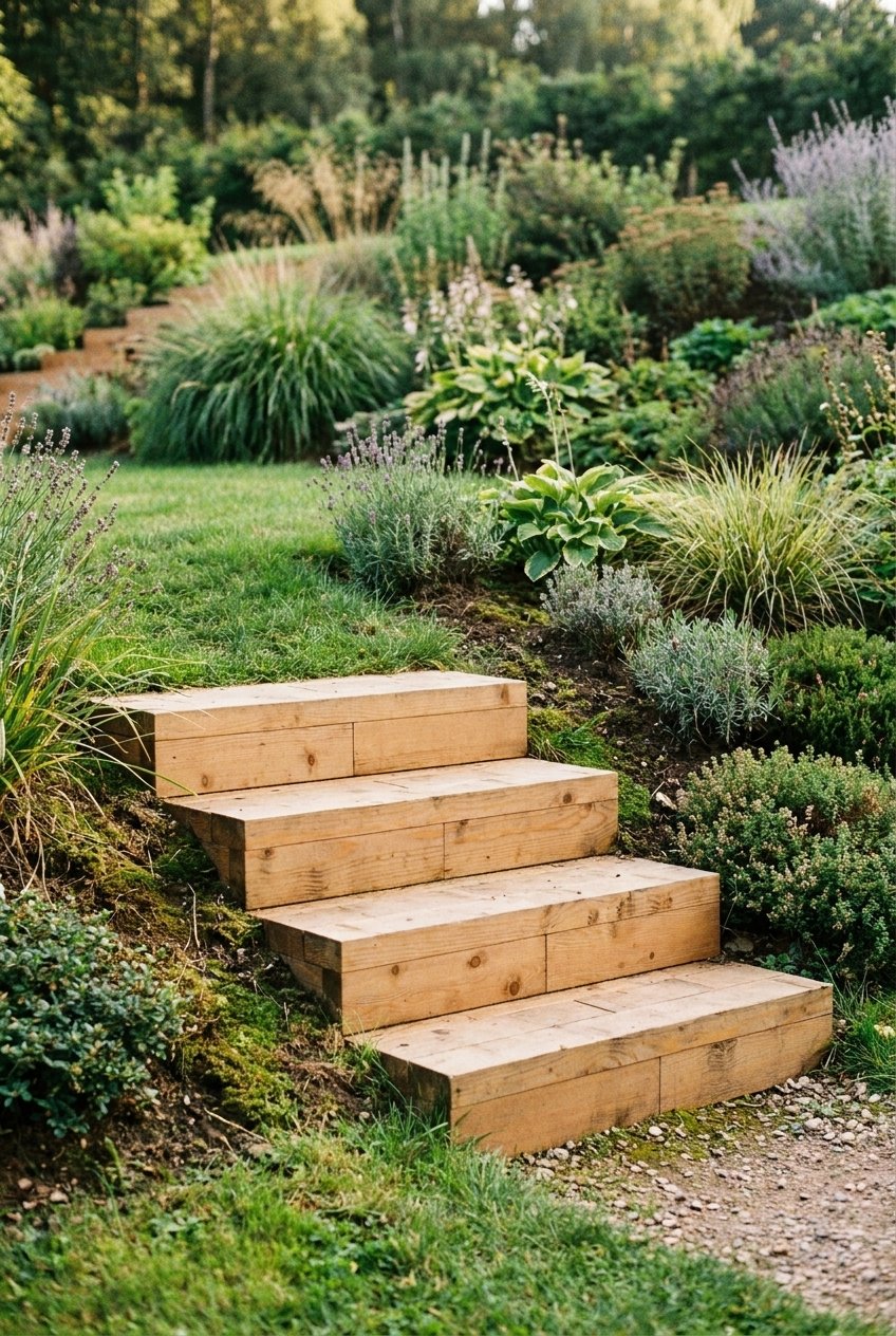 Záhradné schody Brick Premium – svah-portret, záhradné prostredie (garden). Materiál: európsky smrekovec, medový tón.