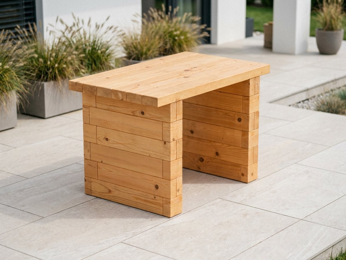 Záhradný blokový stôl Brick Premium na dlažbe terasy pri modernom dome – masívny 60 mm európsky smrekovec, medový tón; fotorealistická vizualizácia.