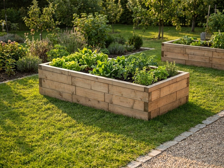 Premium vyvýšený záhon I-tvar – M – predný 3/4 pohľad, záhradné prostredie (garden). Materiál: európsky smrekovec, medový tón.