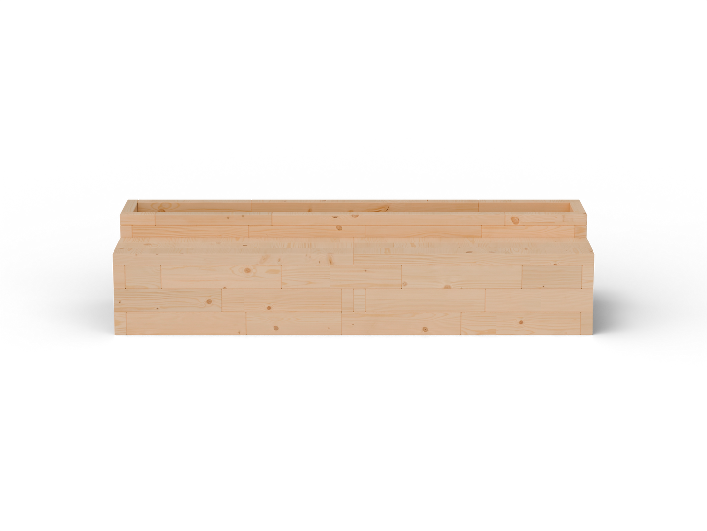 Raised garden bed I-shape with integrated larch bench – front product view, transparent background. Solid 60 mm European larch, honey tone.