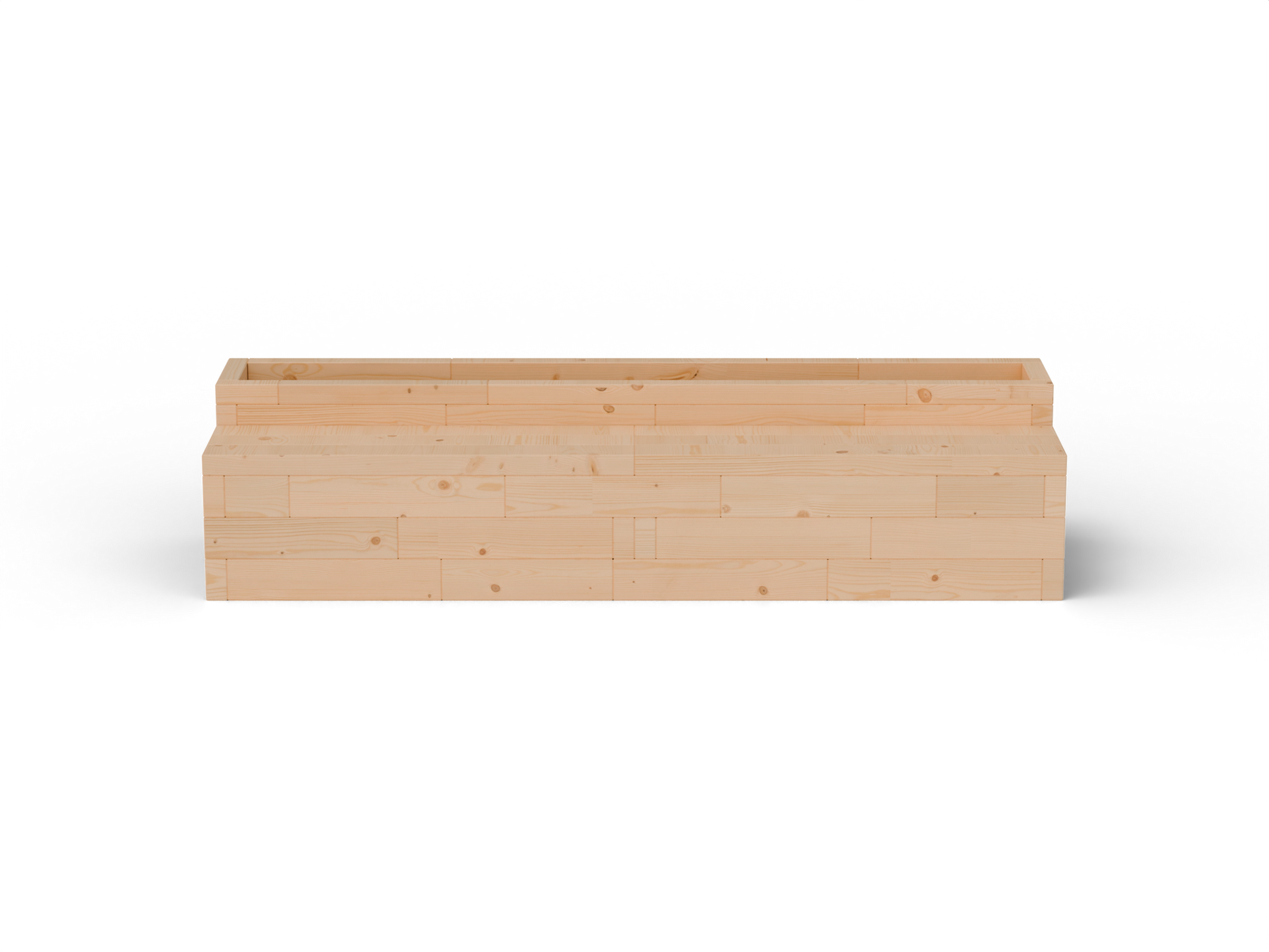 Raised garden bed I-shape with integrated larch bench – front product view, transparent background. Solid 60 mm European larch, honey tone.