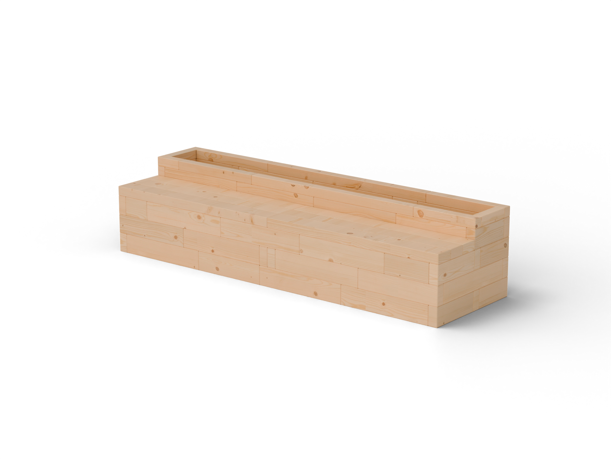 Raised garden bed I-shape with integrated larch bench – front three-quarter product view, transparent background. Solid 60 mm European larch, honey tone.