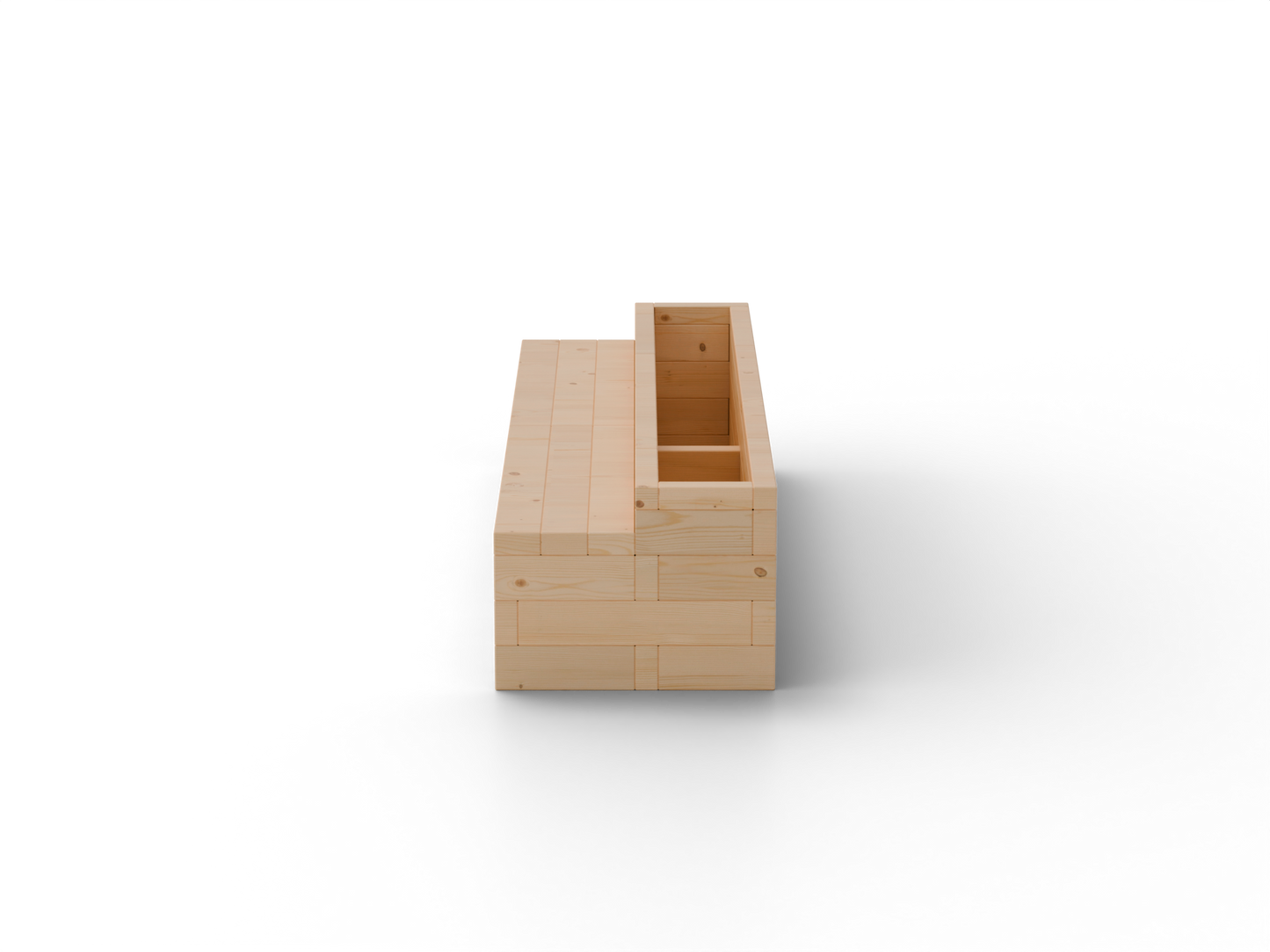 Raised garden bed I-shape with integrated larch bench – side product view, transparent background. Solid 60 mm European larch, honey tone.