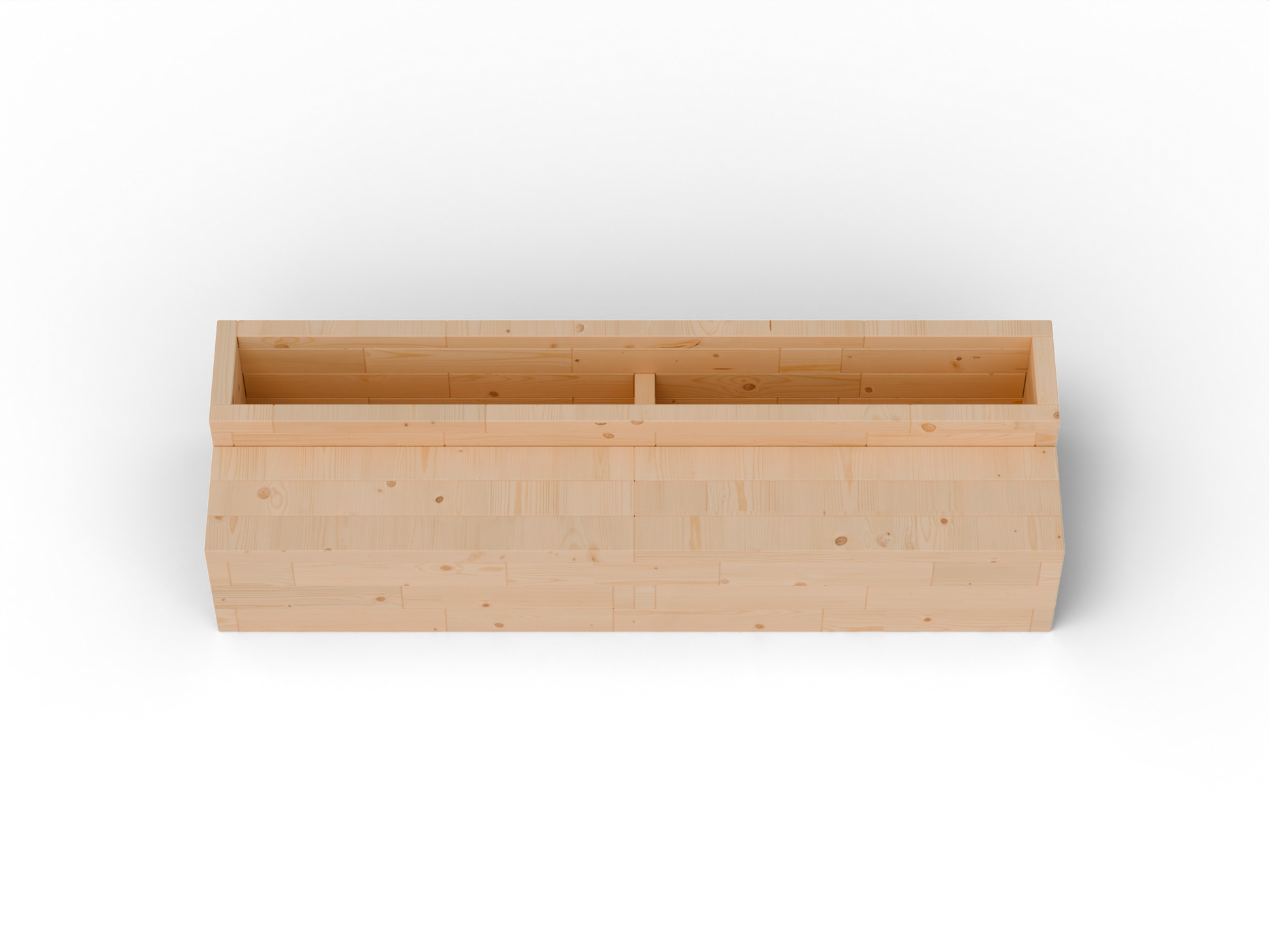 Raised garden bed I-shape with integrated larch bench – top product view, transparent background. Solid 60 mm European larch, honey tone.