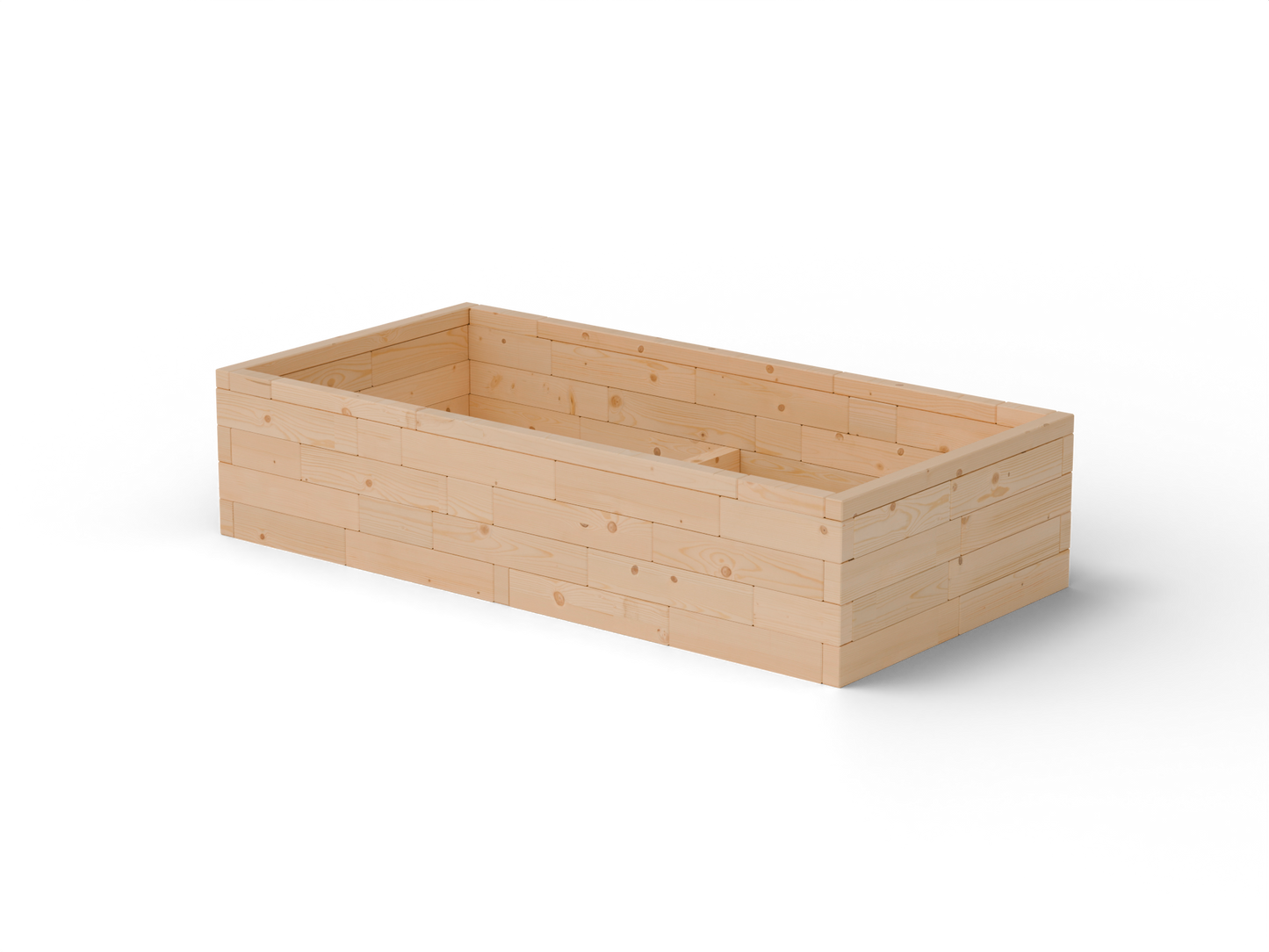 Vyvýšený záhon I Brick Premium, veľkosť L (240×120×54 cm) – masívny 60 mm európsky smrekovec, medový tón; pohľad 3/4 (hero).