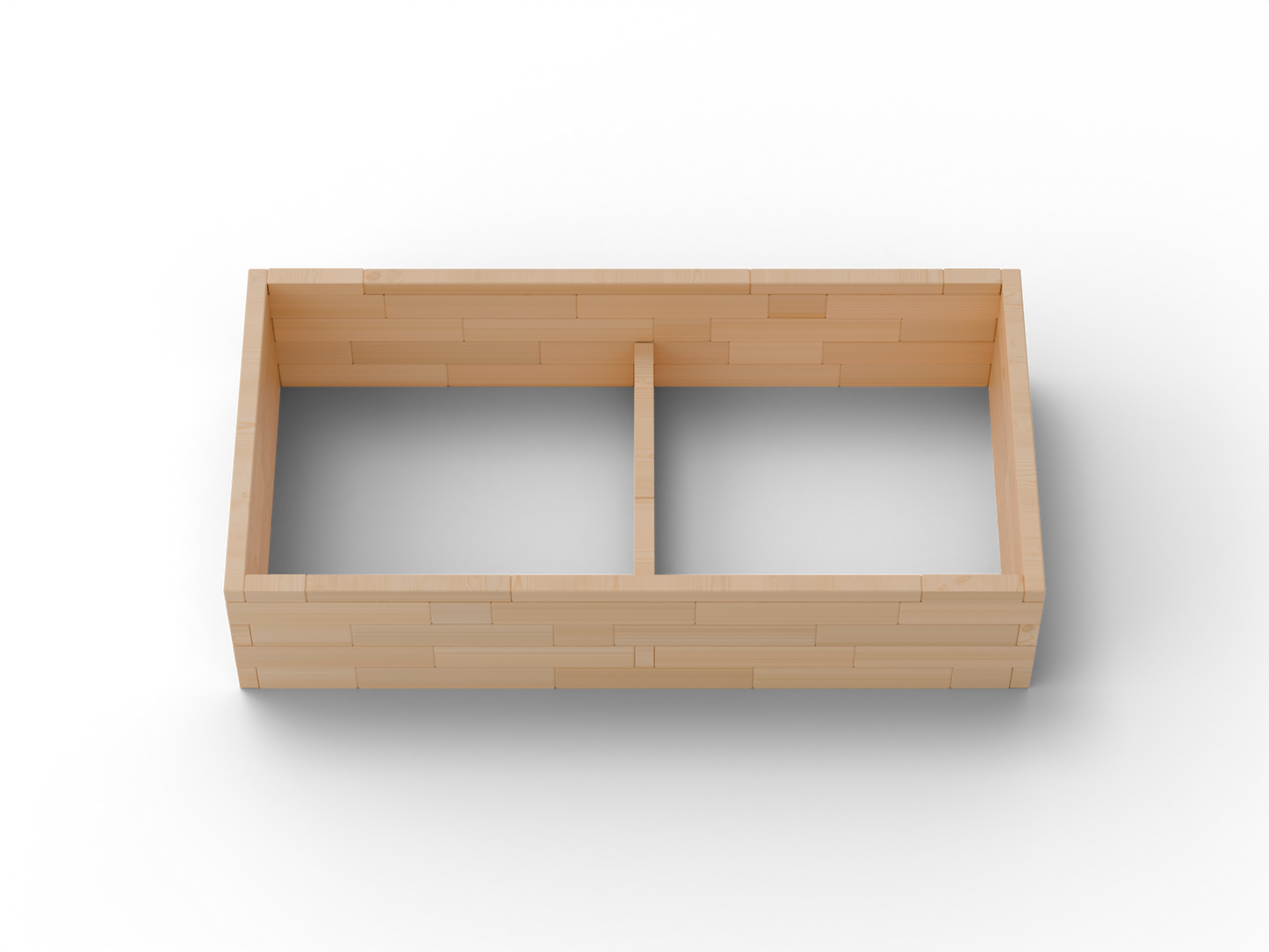 Vyvýšený záhon I Brick Premium, veľkosť L (240×120×54 cm) – masívny 60 mm európsky smrekovec, medový tón; pohľad zhora.