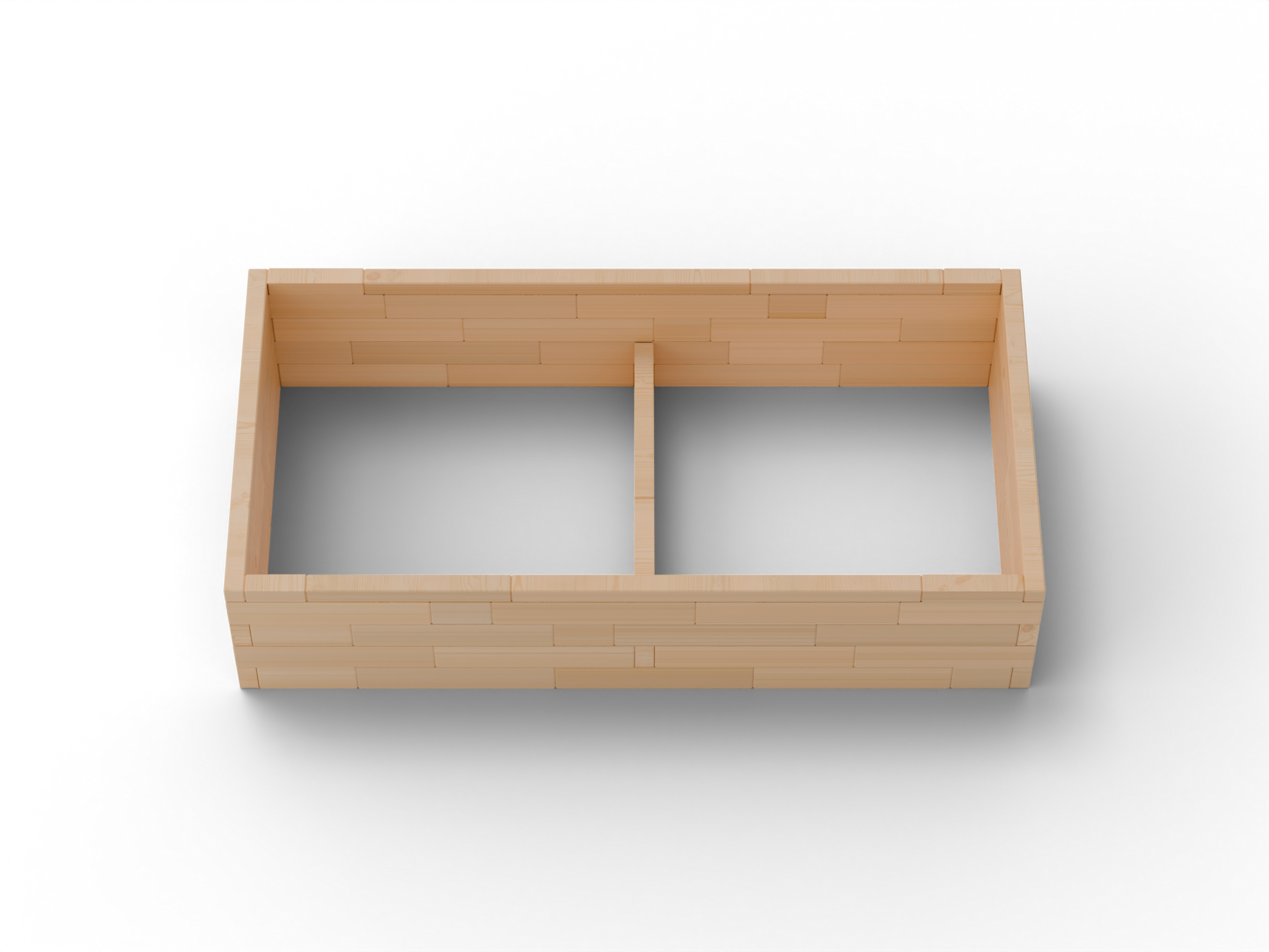 Vyvýšený záhon I Brick Premium, veľkosť L (240×120×54 cm) – masívny 60 mm európsky smrekovec, medový tón; pohľad zhora.