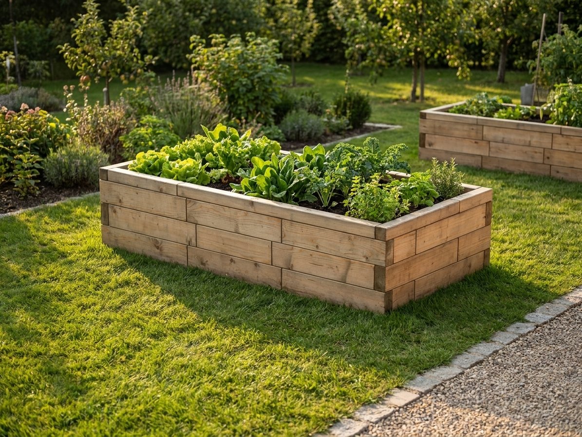 Vyvýšený záhon I Brick Premium, veľkosť M (180×90×42 cm), osadený listovou zeleninou v záhrade – masívny 60 mm európsky smrekovec, medový tón; fotorealistická vizualizácia.