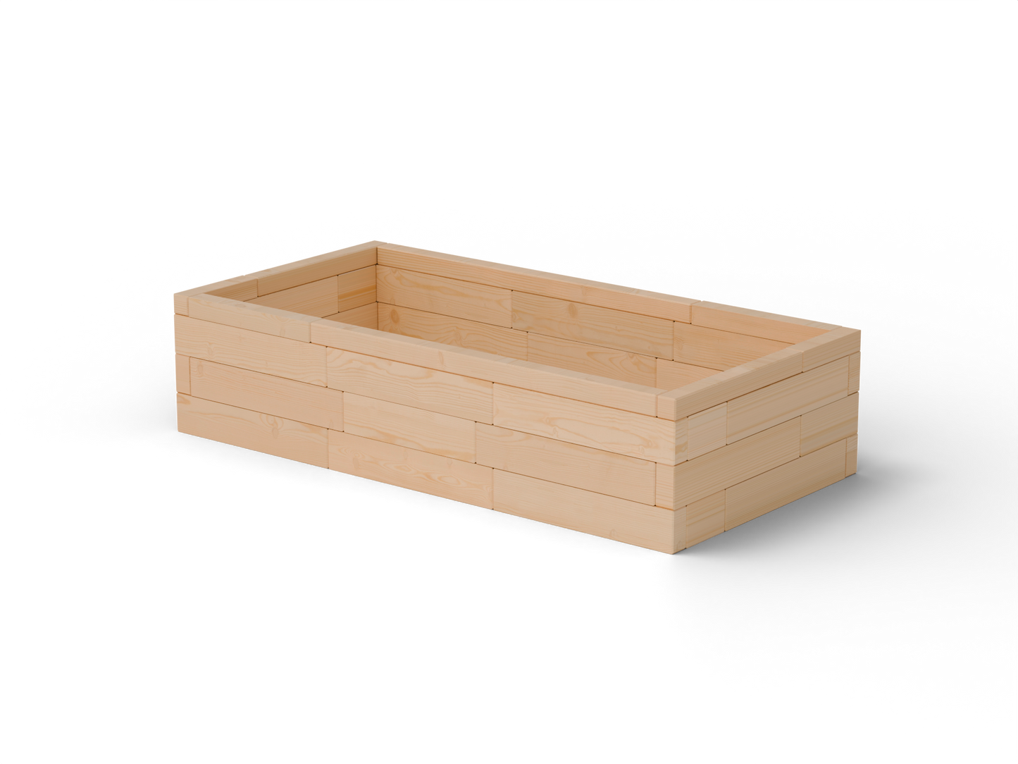 Vyvýšený záhon I Brick Premium, veľkosť M (180×90×42 cm) – masívny 60 mm európsky smrekovec, medový tón; pohľad 3/4 (hero).
