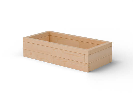 Vyvýšený záhon I Brick Premium, veľkosť S (120×60×30 cm) – masívny 60 mm európsky smrekovec, medový tón; pohľad 3/4 (hero).