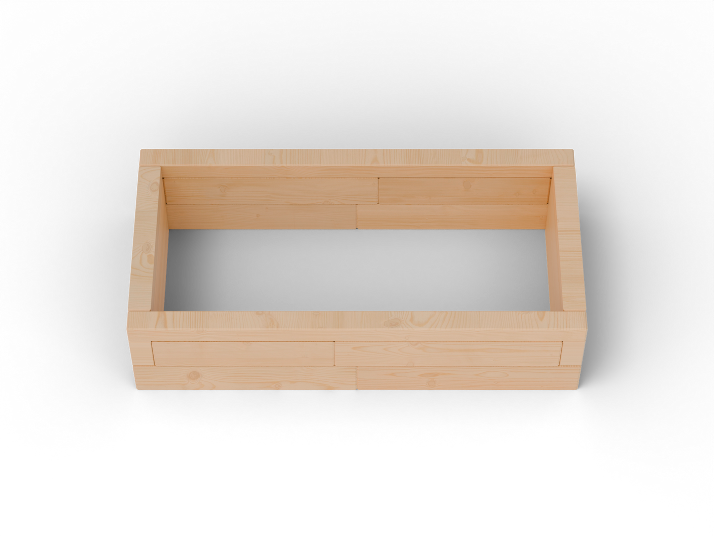 Vyvýšený záhon I Brick Premium, veľkosť S (120×60×30 cm) – masívny 60 mm európsky smrekovec, medový tón; pohľad zhora.