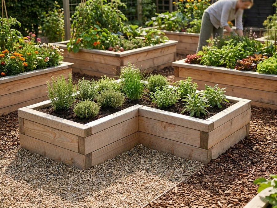 Premium vyvýšený záhon L-tvar – S – predný 3/4 pohľad, záhradné prostredie (kitchen garden). Materiál: európsky smrekovec, medový tón.