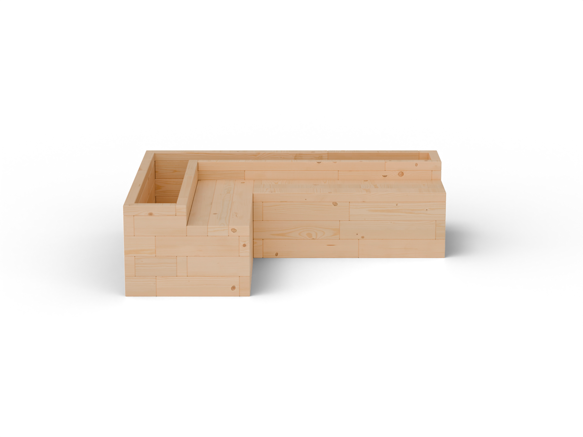 Raised garden bed L-shape with integrated corner larch bench – front product view, transparent background. Solid 60 mm European larch, honey tone.