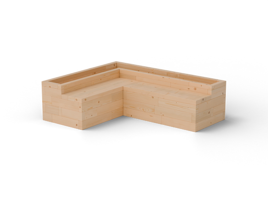 Raised garden bed L-shape with integrated corner larch bench – front three-quarter product view, transparent background. Solid 60 mm European larch, honey tone.