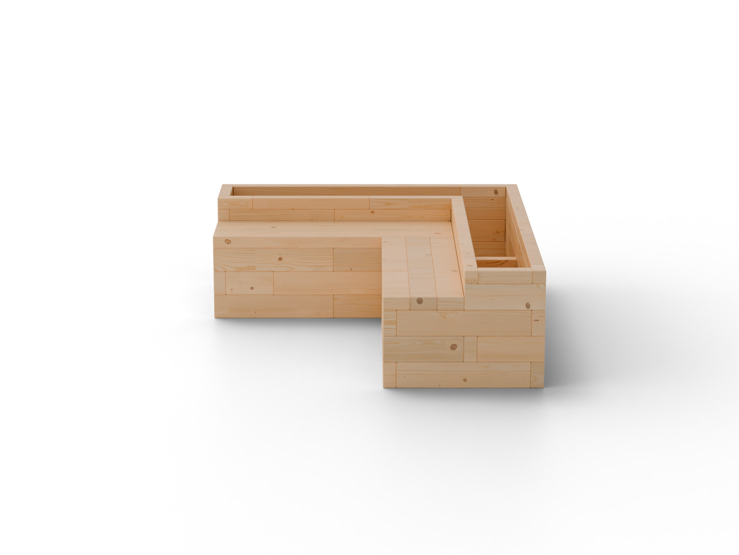 Raised garden bed L-shape with integrated corner larch bench – side product view, transparent background. Solid 60 mm European larch, honey tone.