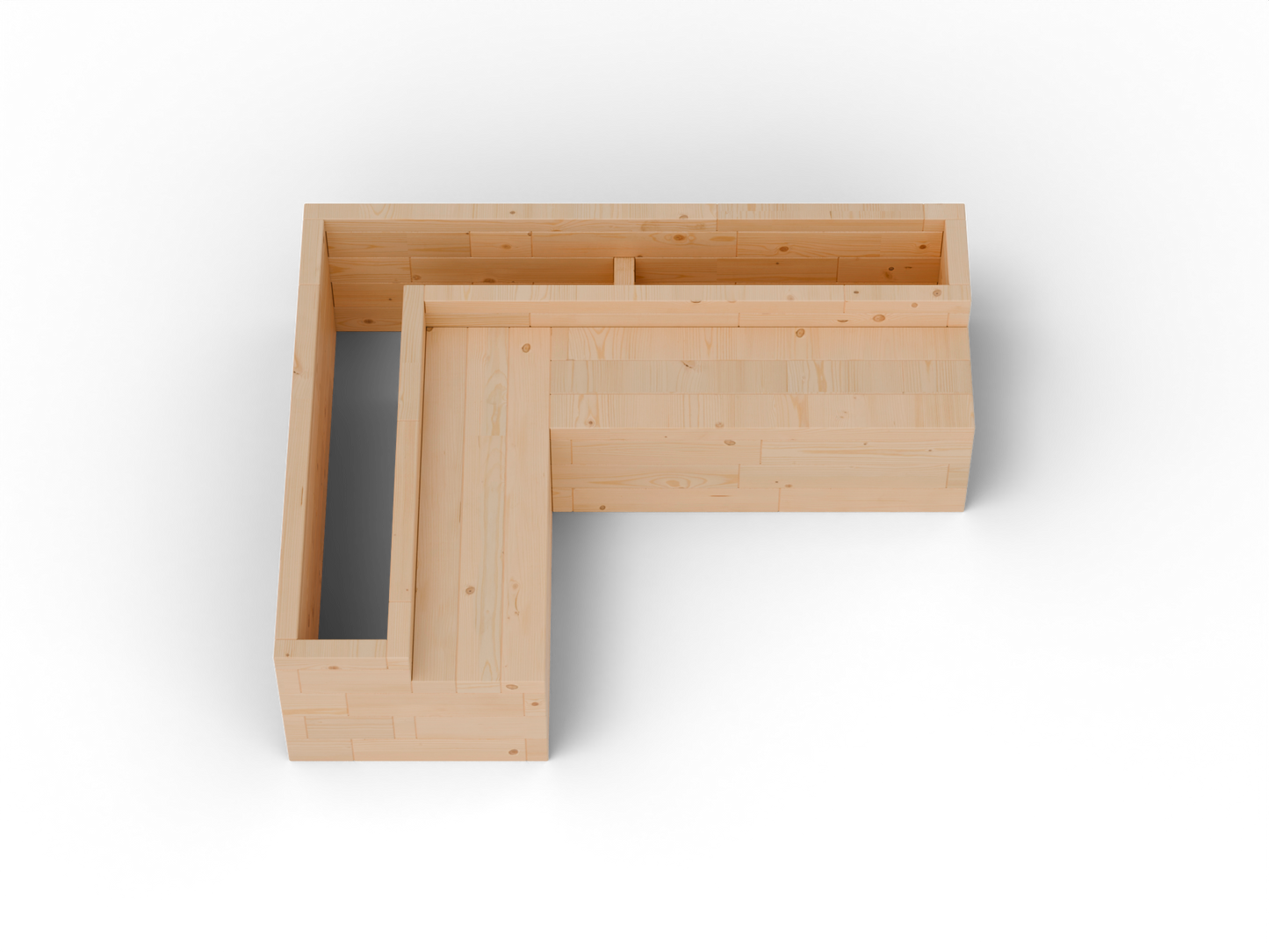 Raised garden bed L-shape with integrated corner larch bench – top product view, transparent background. Solid 60 mm European larch, honey tone.