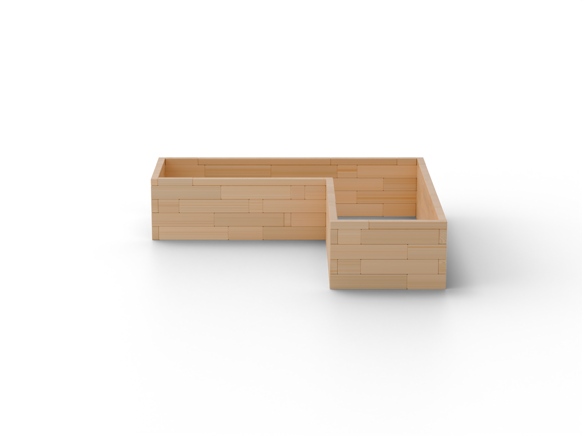 Vyvýšený záhon L Brick Premium, veľkosť L (240×240×54 cm) – masívny 60 mm európsky smrekovec, medový tón; čelný pohľad.