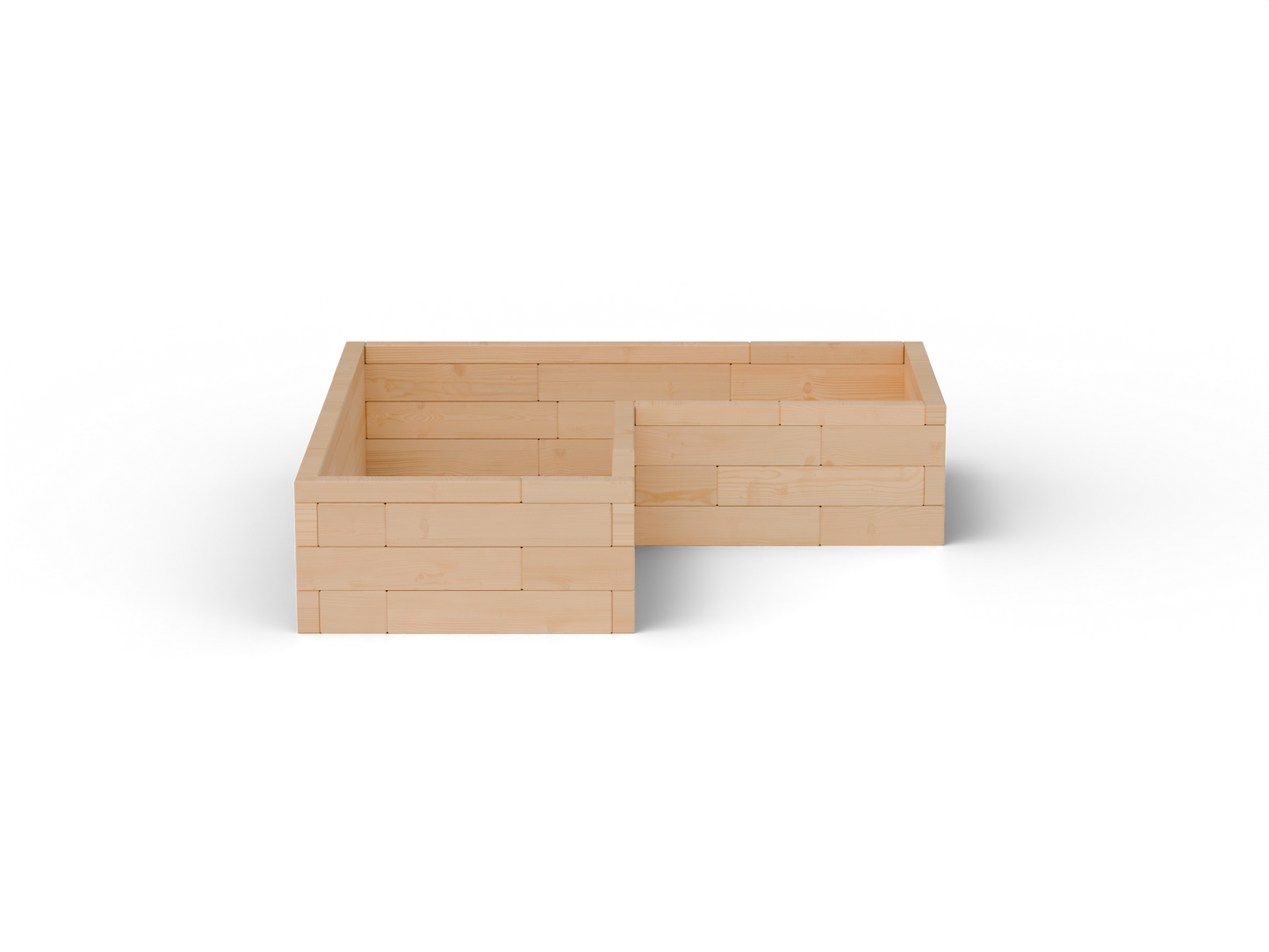 Vyvýšený záhon L Brick Premium, veľkosť M (180×180×42 cm) – masívny 60 mm európsky smrekovec, medový tón; čelný pohľad.