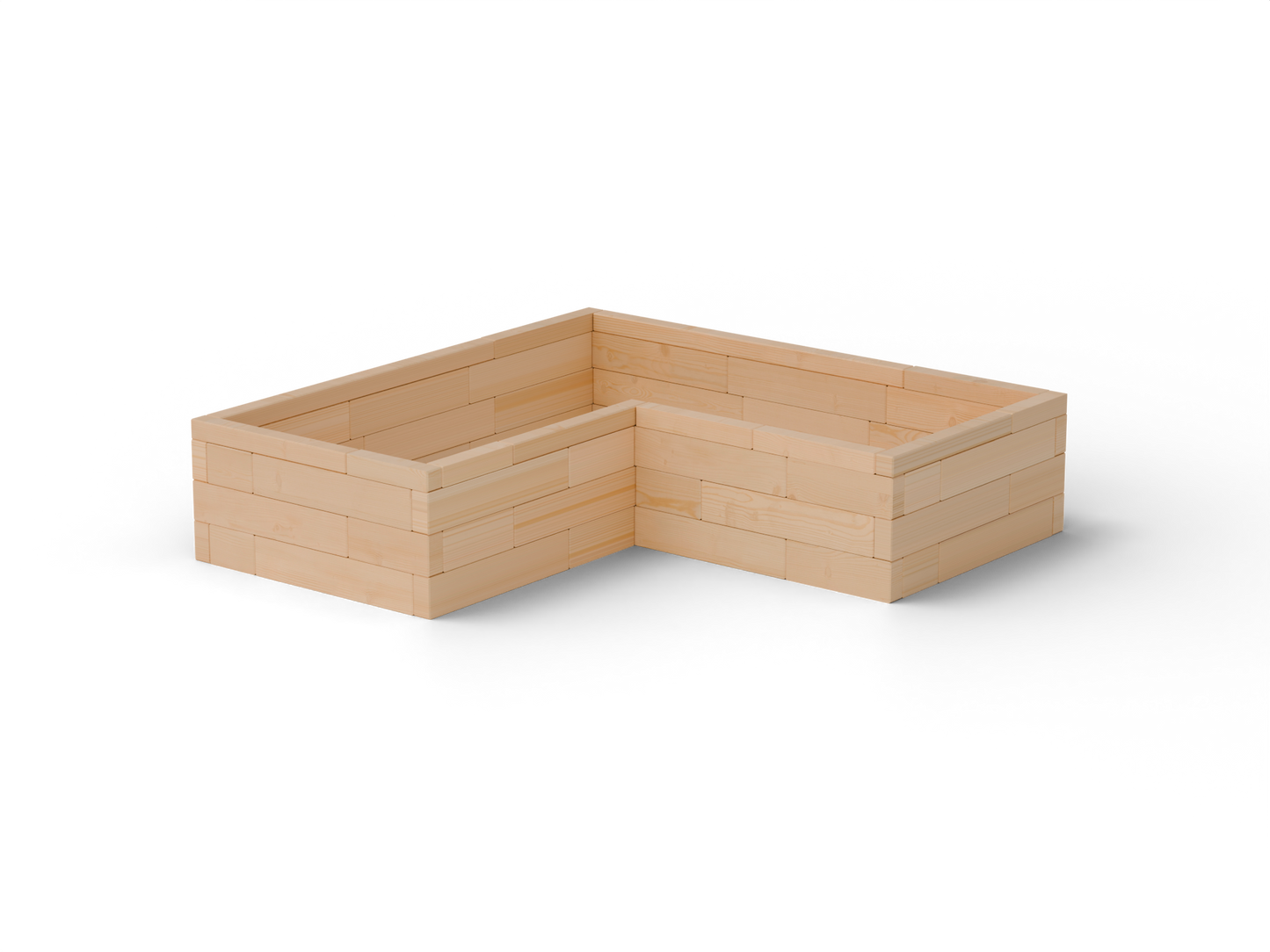 Vyvýšený záhon L Brick Premium, veľkosť M (180×180×42 cm) – masívny 60 mm európsky smrekovec, medový tón; pohľad 3/4 (hero).
