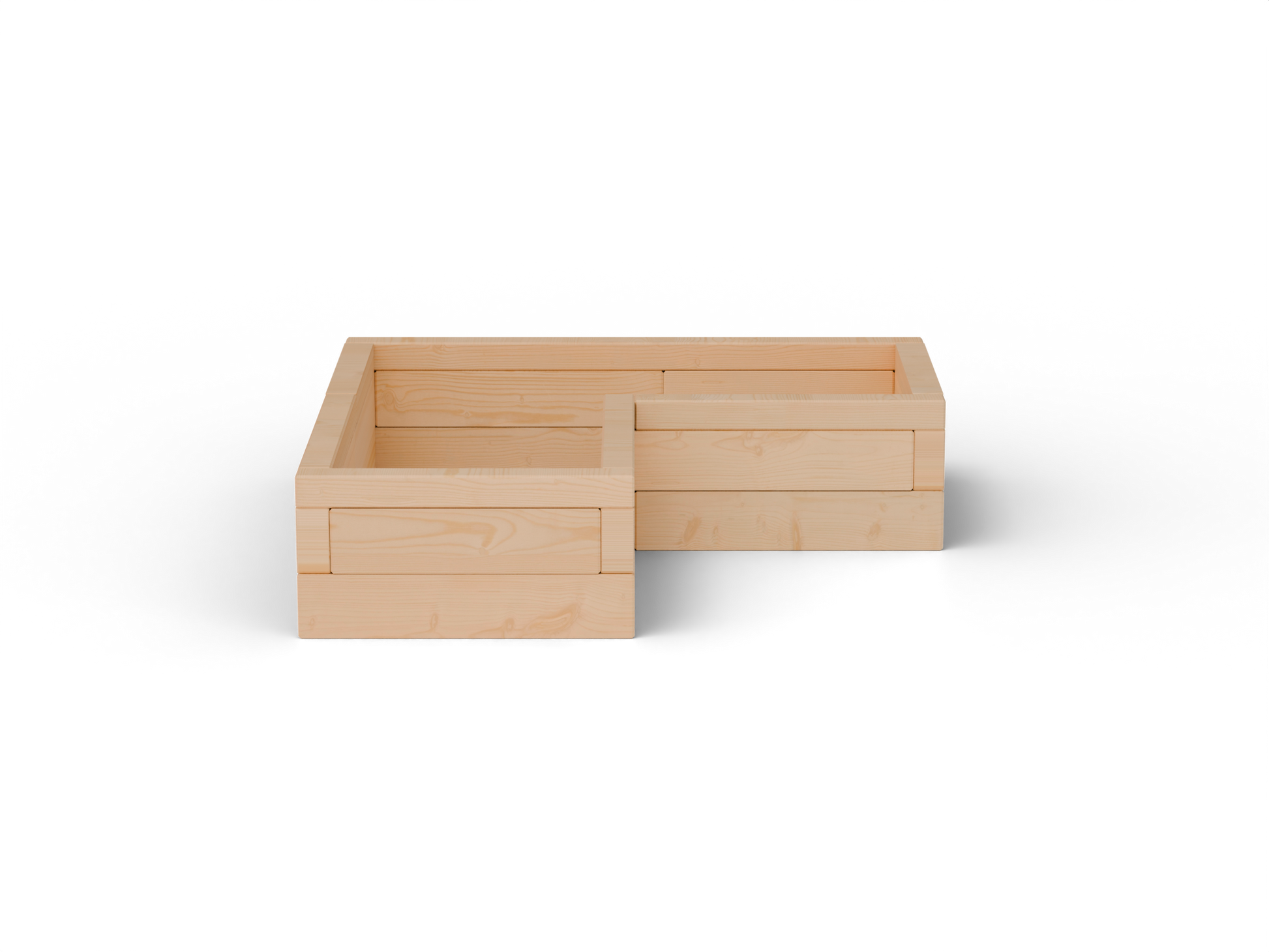 Vyvýšený záhon L Brick Premium, veľkosť S (120×120×30 cm) – masívny 60 mm európsky smrekovec, medový tón; čelný pohľad.