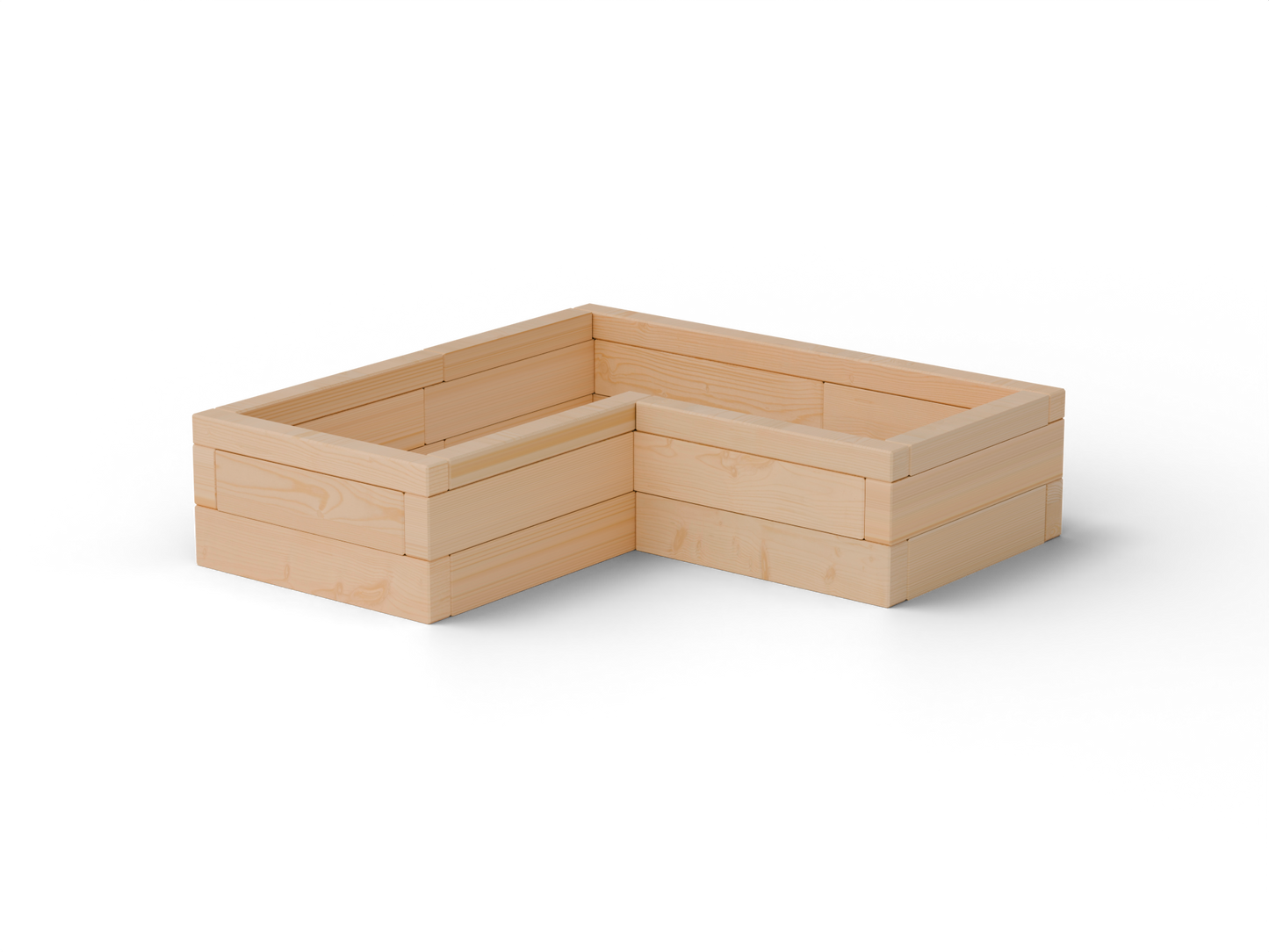 Vyvýšený záhon L Brick Premium, veľkosť S (120×120×30 cm) – masívny 60 mm európsky smrekovec, medový tón; pohľad 3/4 (hero).