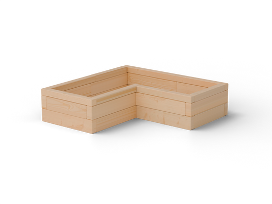 Vyvýšený záhon L Brick Premium, veľkosť S (120×120×30 cm) – masívny 60 mm európsky smrekovec, medový tón; pohľad 3/4 (hero).